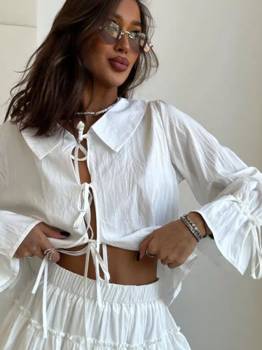 Fashion lace-up shirt top short skirt women's casual loose suit two-piece set