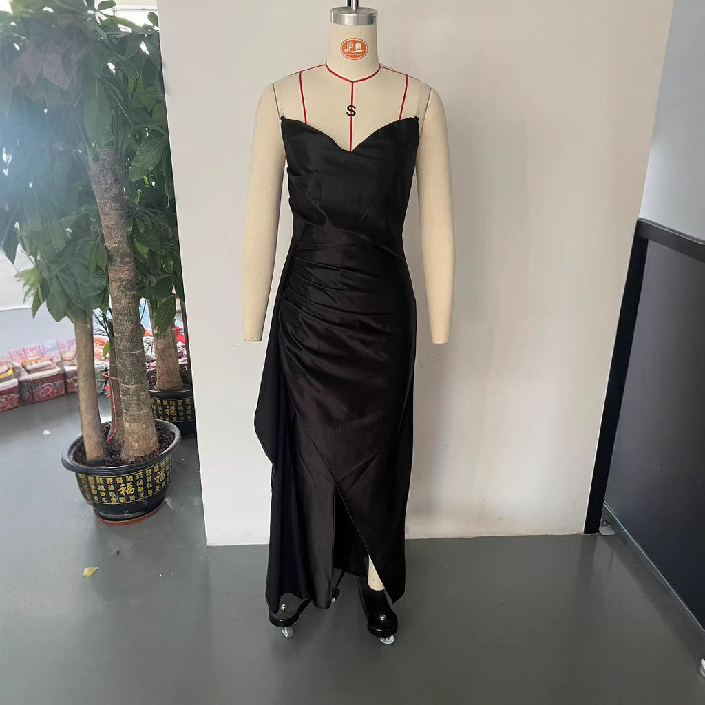 New Celebrity Temperament Evening Dress Sexy Slim V Waist Satin Split Transparent Shoulder Strap Dress