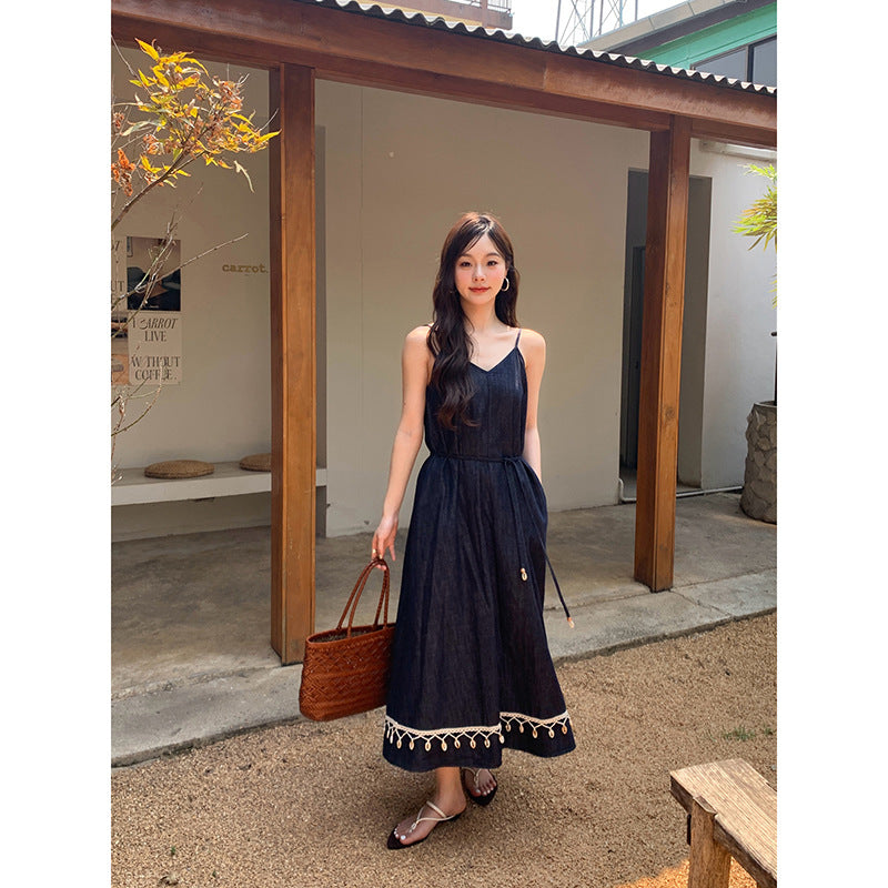 Strap temperament fringed edge suspender dress