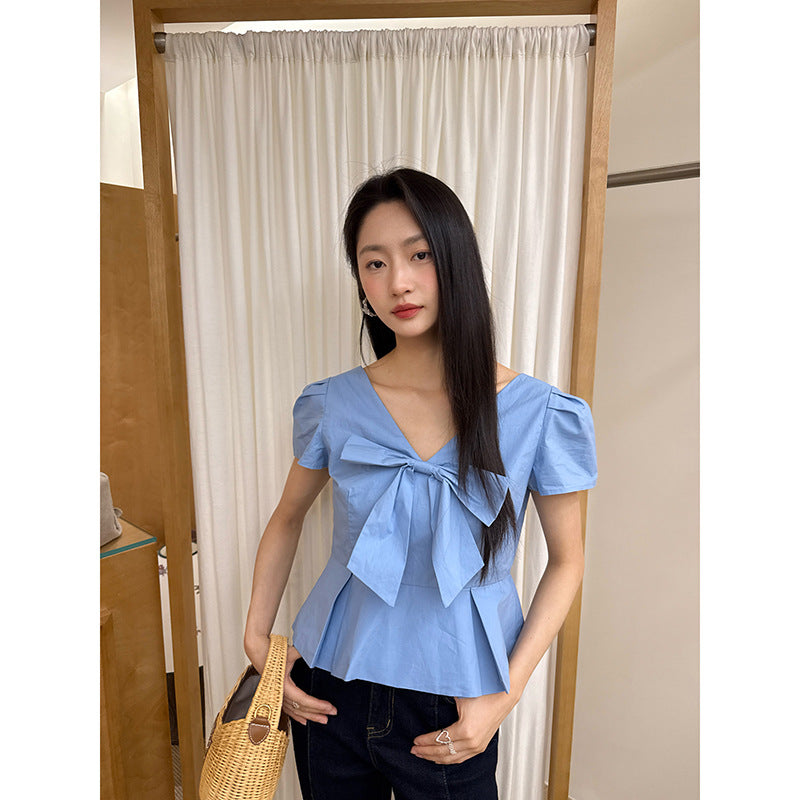 summer French sweet age reduction niche chic bow V-neck top