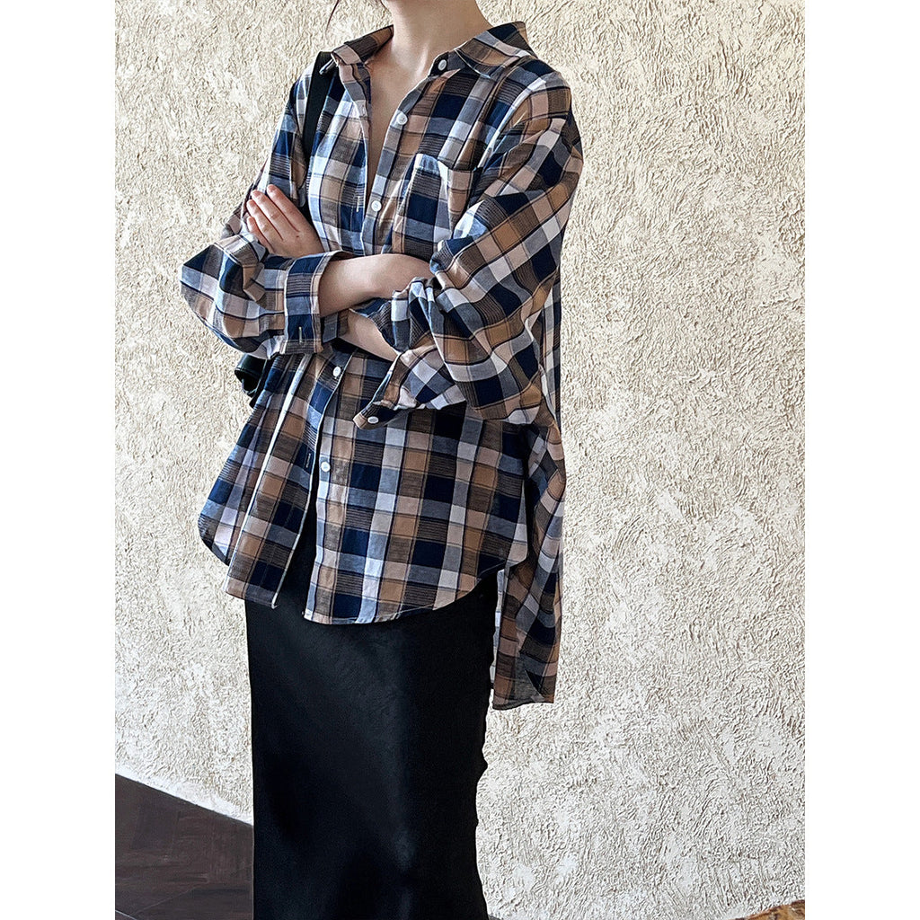 Retro Lazy Plaid Shirt Women's Summer Long Sleeve Loose Trend Fashion Light Sunscreen Shirt