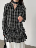 Korean plaid ruffle V-neck lace-up shirt for women's 26 spring niche design stacked dress