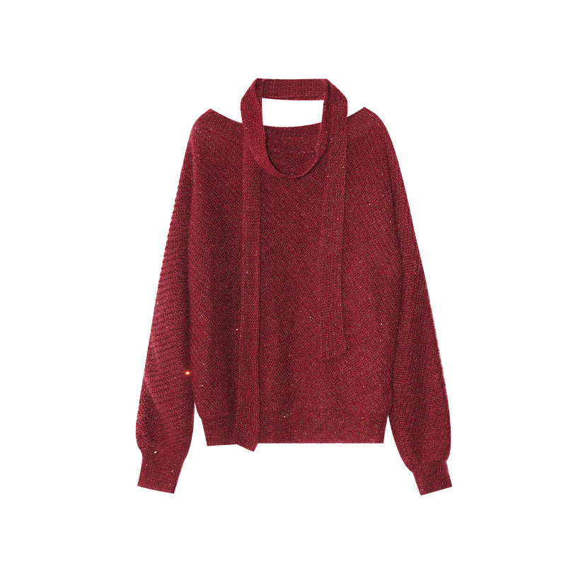 Lazy loose merino wool soft waxy diagonal neck off-the-shoulder sweater women