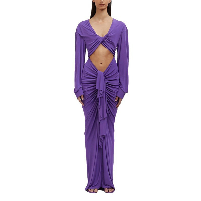 Stylish Sexy Hottie Deep V-Neck Hollow Kink Pleated Long Sleeve Dress