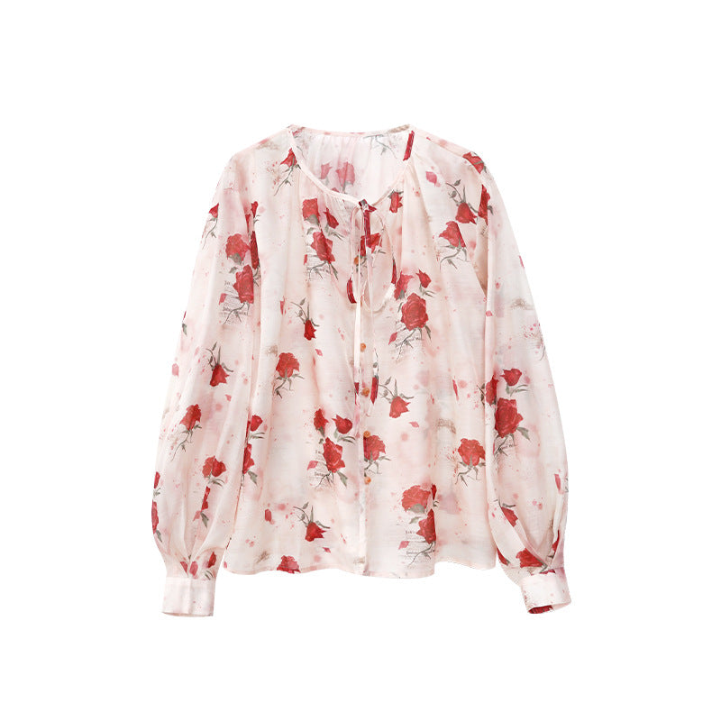 Romantic coffee break beautiful rose print chiffon shirt