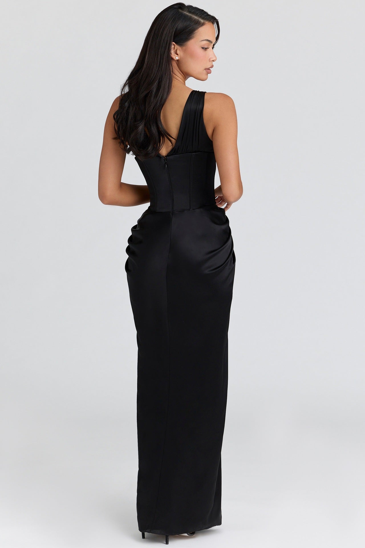 Spice girl deep V hanging fishbone suspender long dress backless splicing sexy dress