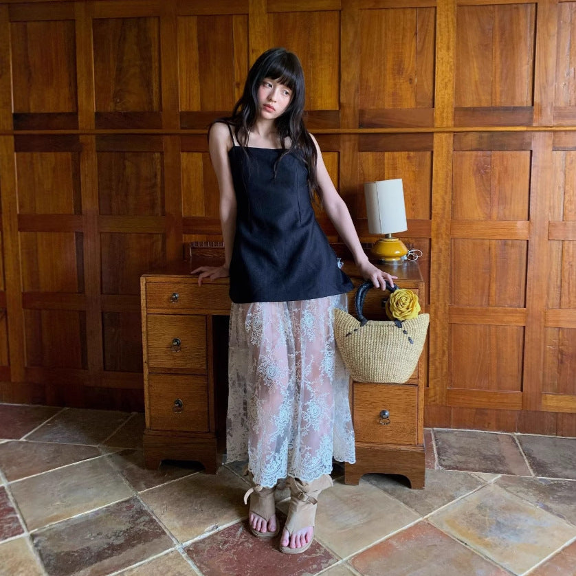 French Celebrity Lace Splicing Perspective Sexy Suspender Dress