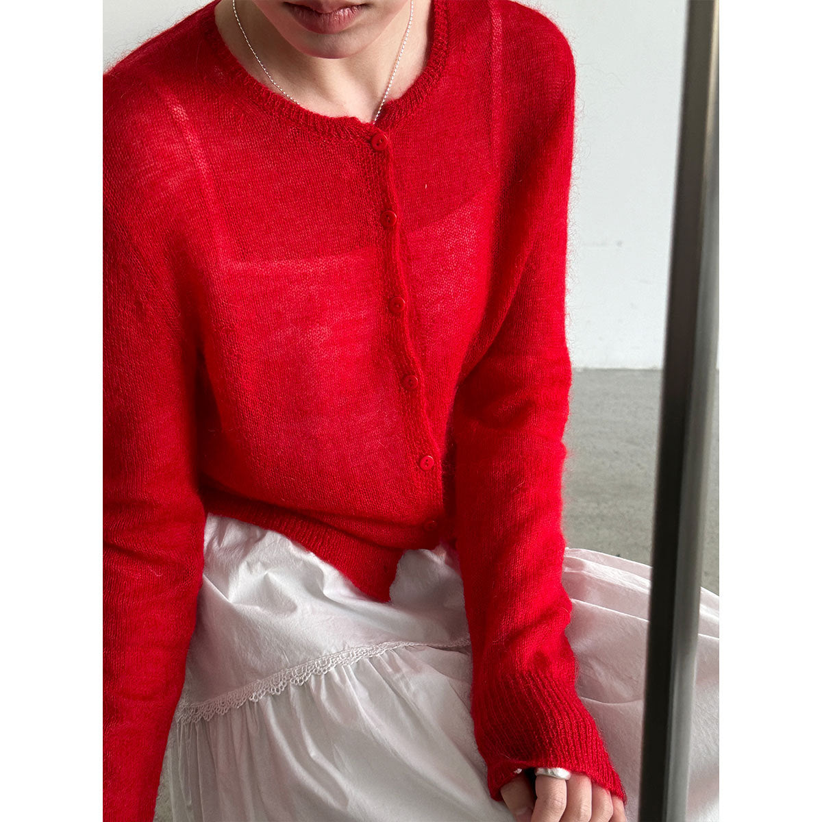 Early spring new mohair knitted cardigan women's thin slightly transparent gentle soft waxy outer coat