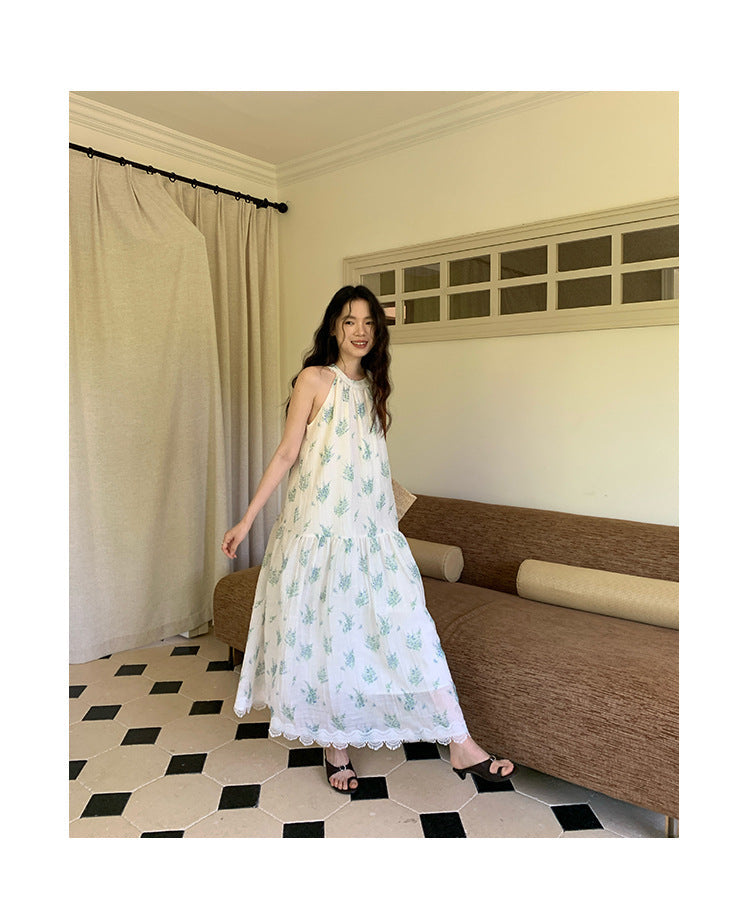 Sweet fairy fresh floral sleeveless neck sling dress
