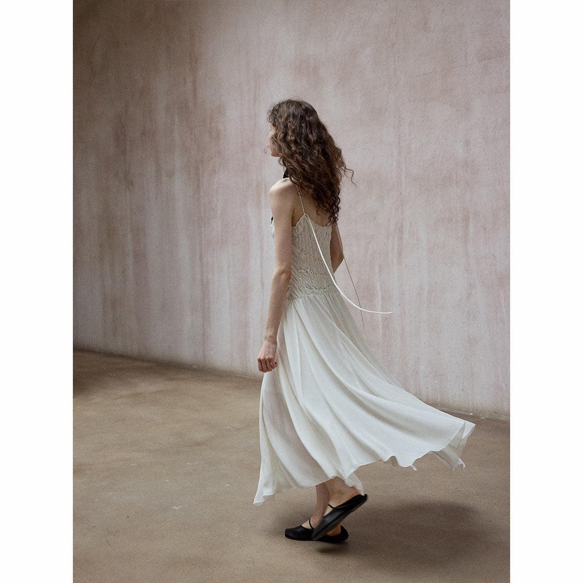 Folded chiffon asymmetric midi skirt atmosphere literary slim elastic suspender dress