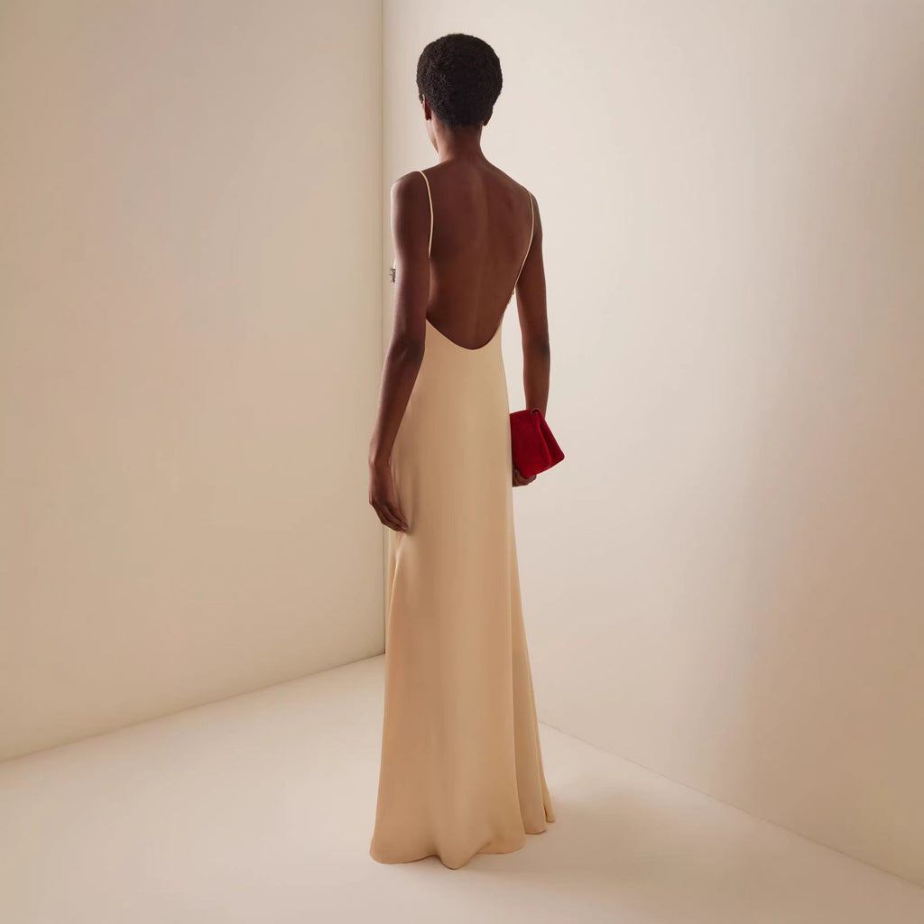 New fashion satin lace splicing suspender long dress backless sexy dress women