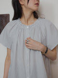 Japanese lazy fungus edge striped loose crew neck one-word neck shirt