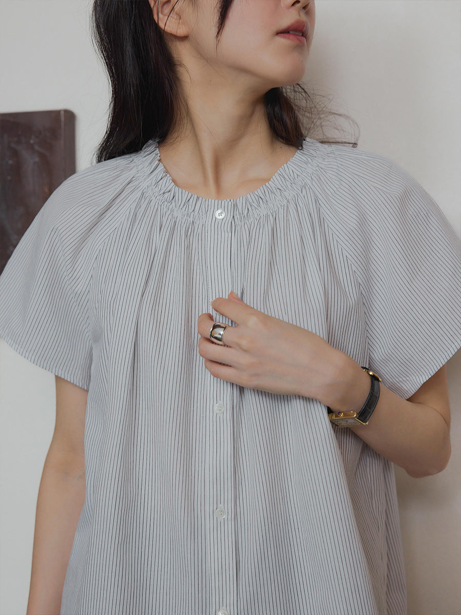 Japanese lazy fungus edge striped loose crew neck one-word neck shirt