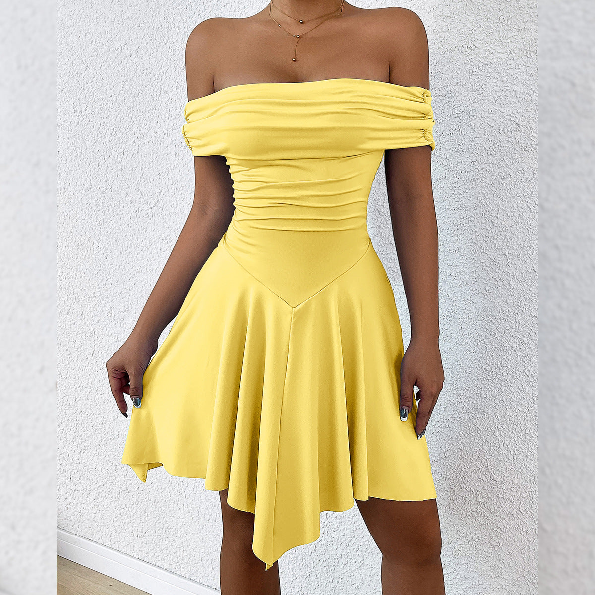 One-Shoulder Tube Top Dress Women Elastic Waist Irregular Hem Mini