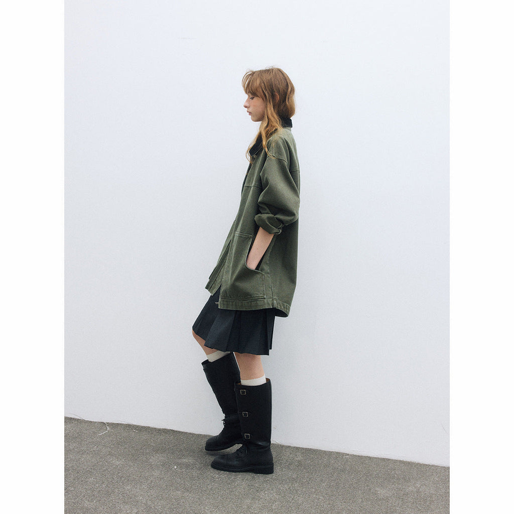 Autumn casual lapel Barn wind contrasting color silhouette large version cotton medium and long coat