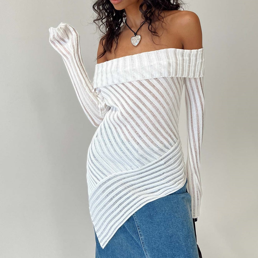 Off-Shoulder Knitted Sweater Women Long Sleeve Slim Fit French Style Top