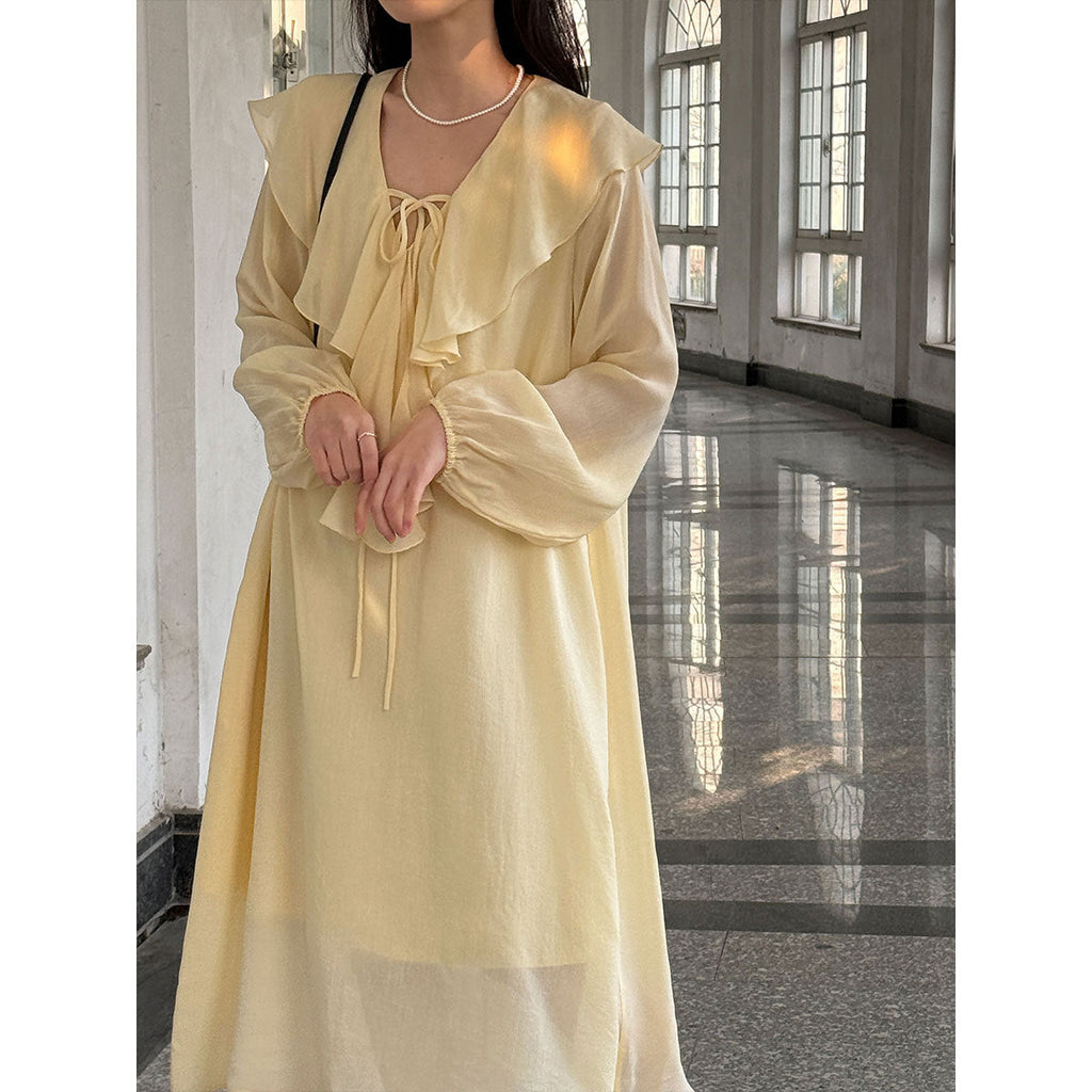 French simple ruffle V-neck dress spring new bubble sleeves lazy long skirt