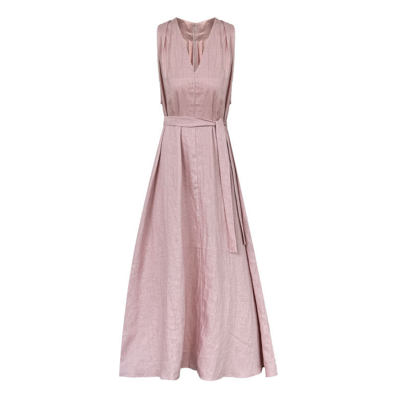 Korean chic niche design v-neck tank dress - new summer collection - 100% ramie waist-cinching dress