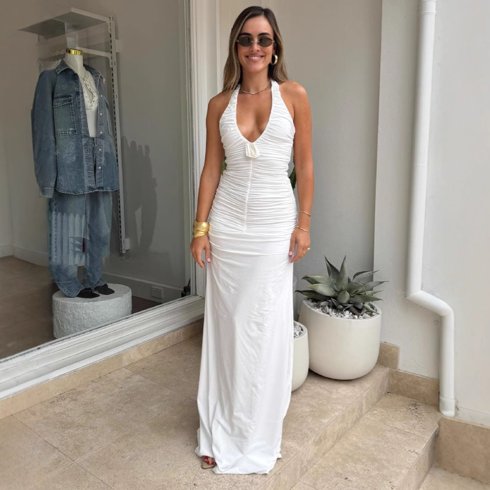 Women's new solid color elegant neck deep V waist long dress sexy backless pleated dress women