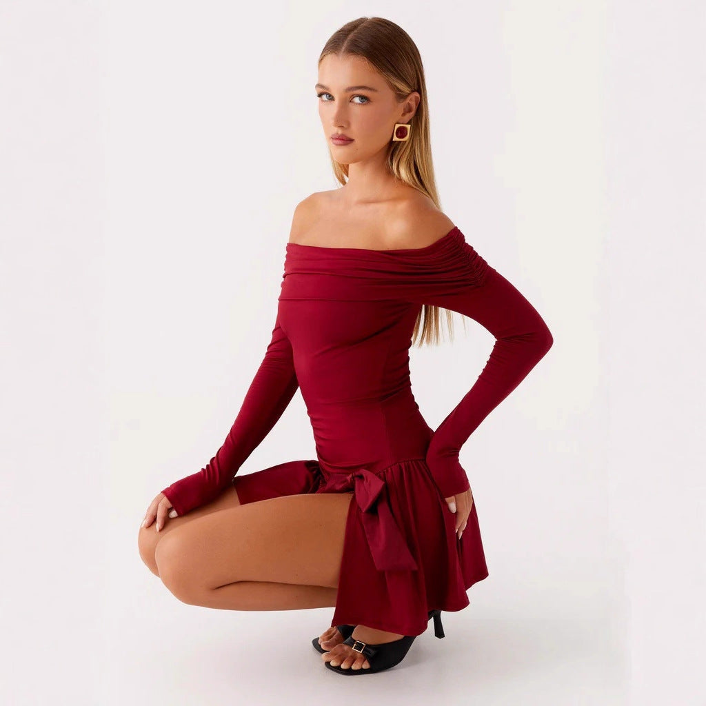 Fashion sexy irregular splicing short skirt long sleeve one-word shoulder dress