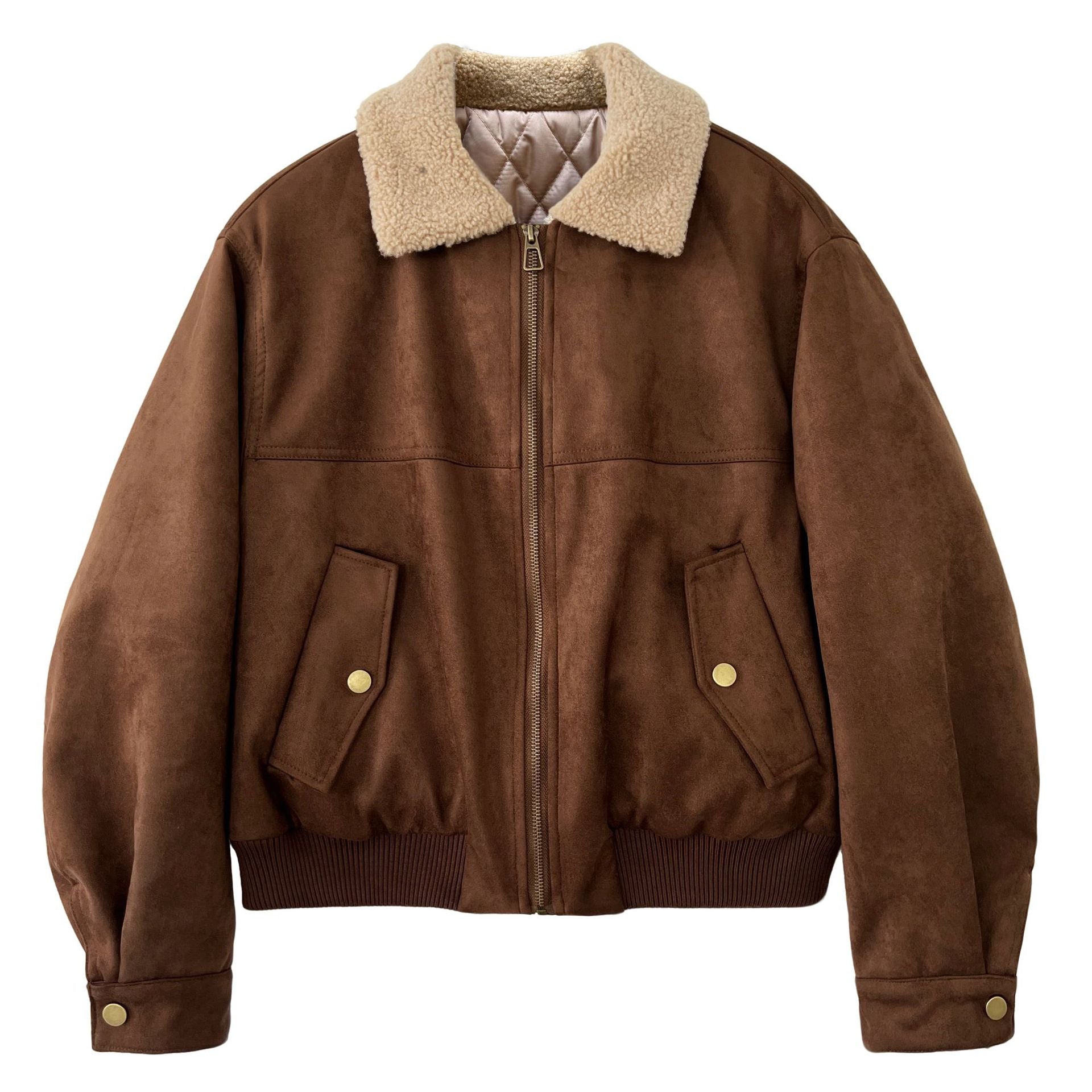 Vintage suede faux leather patchwork cropped jacket - women's winter warm cotton padded outerwear top 8556