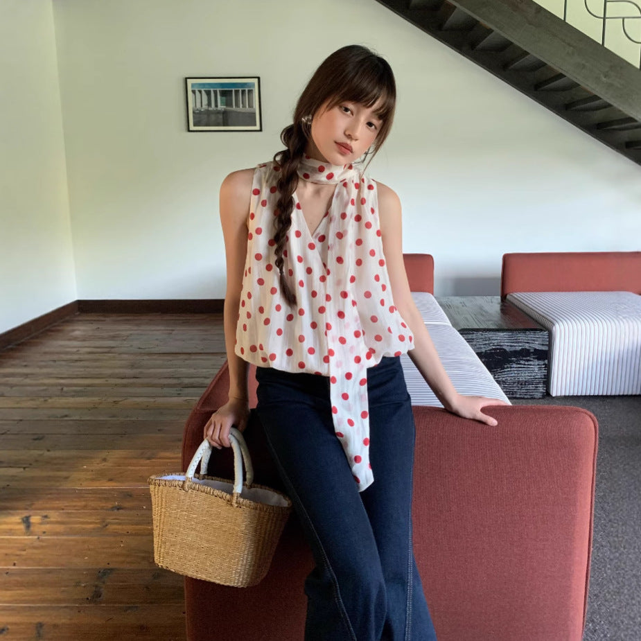 Sweet Polka Dot Tencel Neck Lace-Up Vest Chiffon Shirt