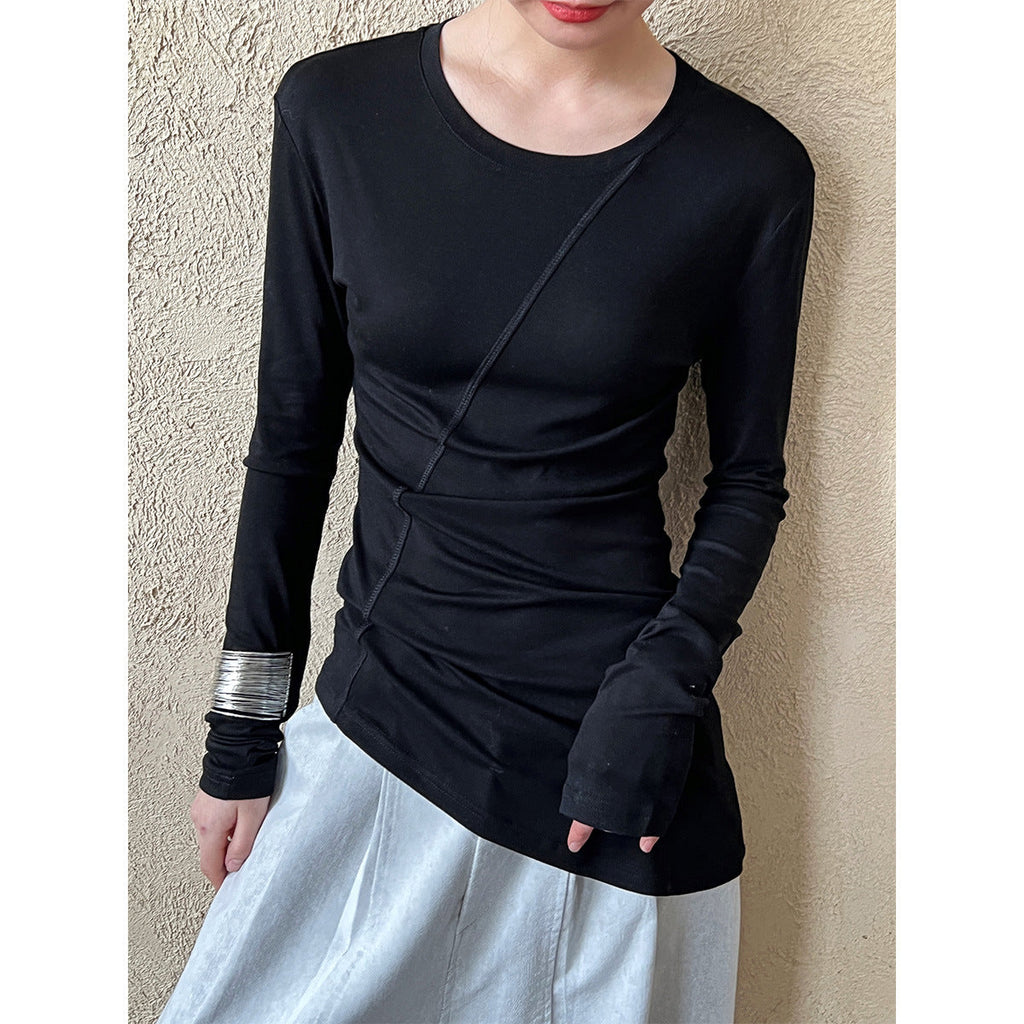 Korean irregular slim-fit T-shirt women's spring new cutting line pile wrinkled bottoming shirt top