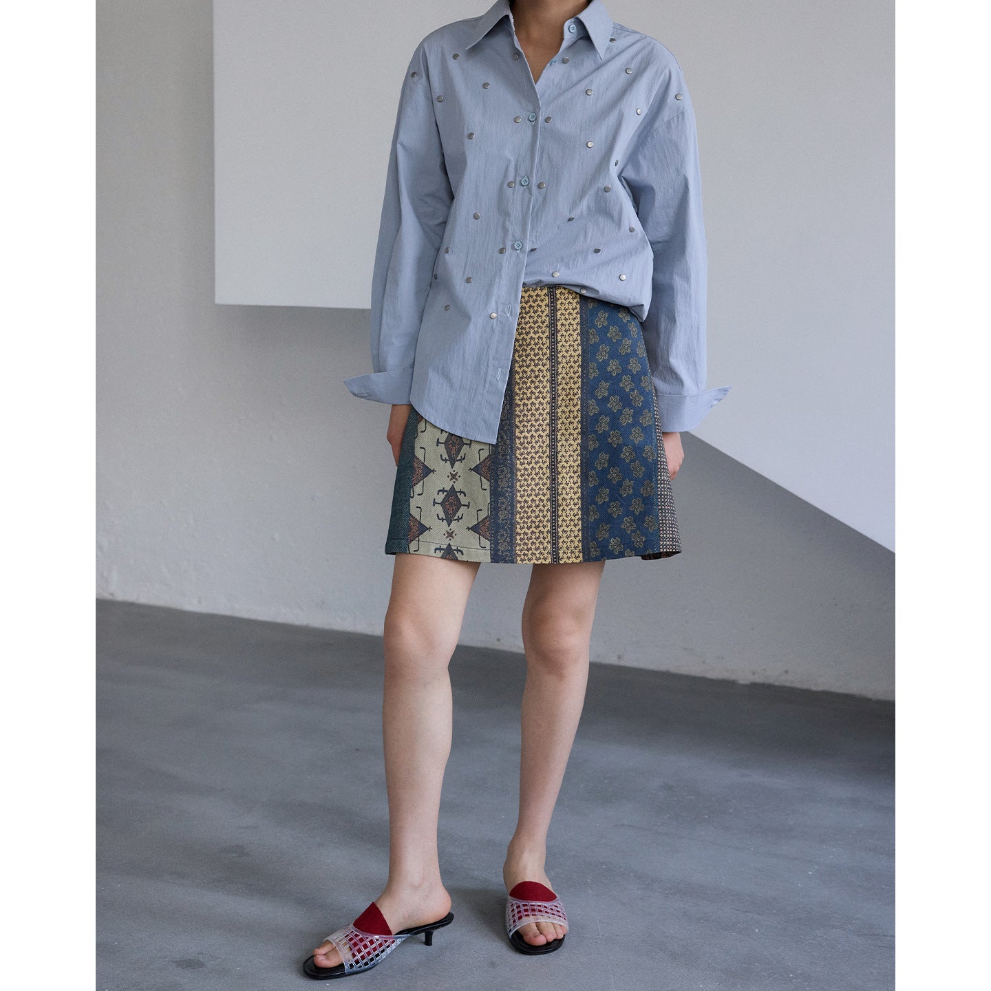 Twill splicing printed denim skirt ethnic style contrasting color high waist A-shaped skirt