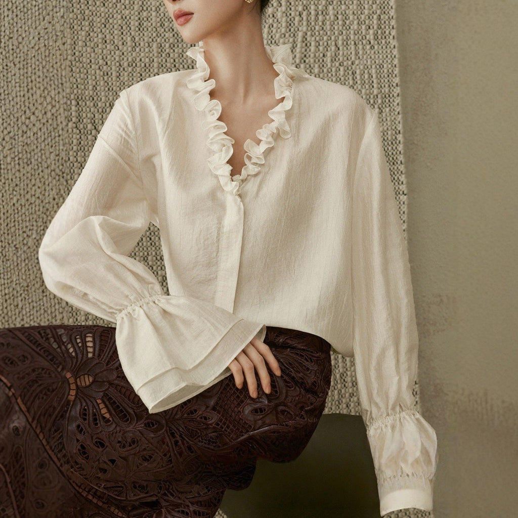 Spring and summer new romantic style luster cloud light satin fungus edge chicken heart collar light and slightly transparent shirt