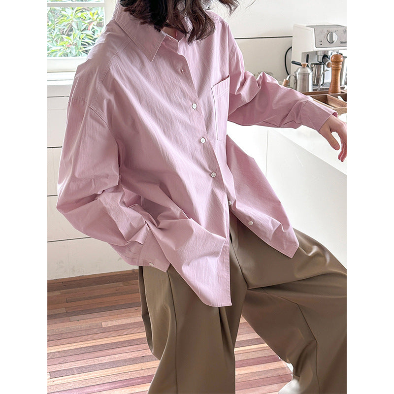 Lapel Long Sleeve Shirt Women Button-Up Solid Color Korean Style Top