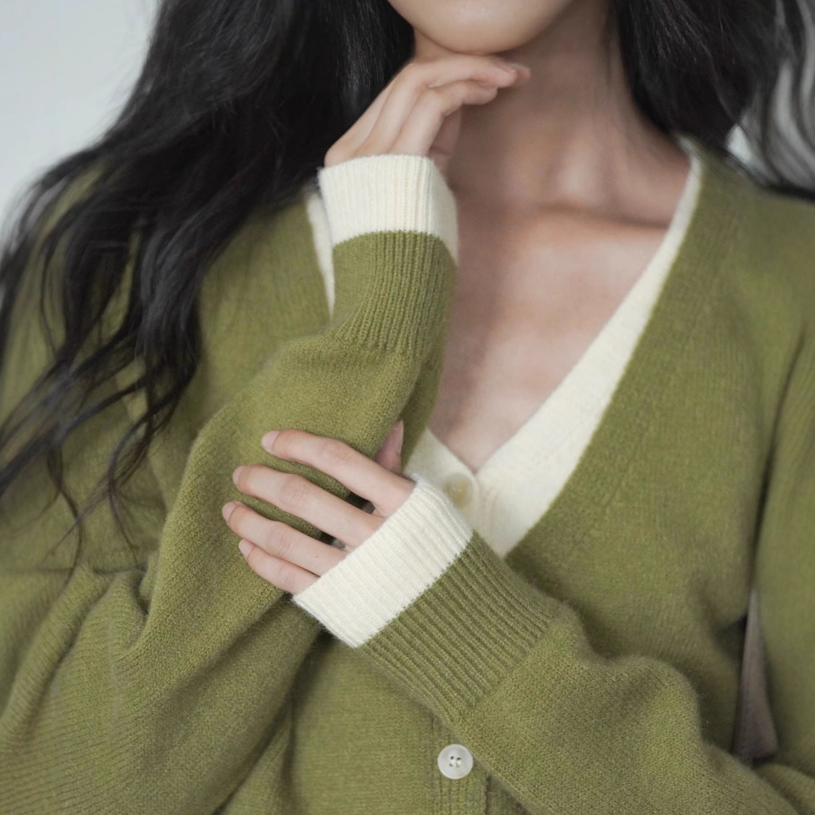 Green Layered Look Knit Cardigan | Women's Slim Spring Sweater Top