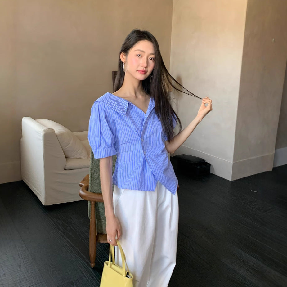 Summer French temperament lapel irregular diagonal buckle waist thin shirt