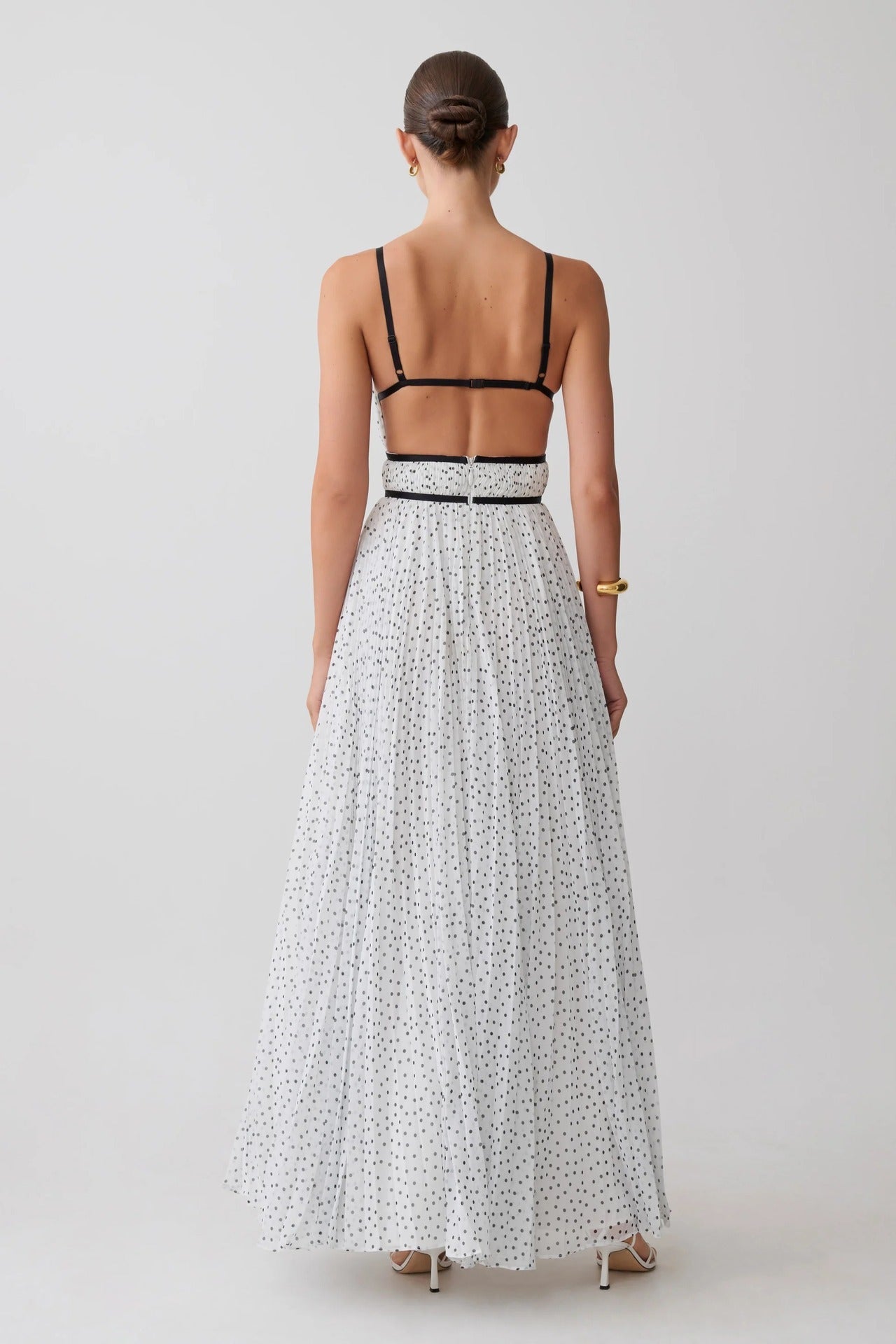 French polka dot pleated skirt waist sexy backless holiday style suspender dress