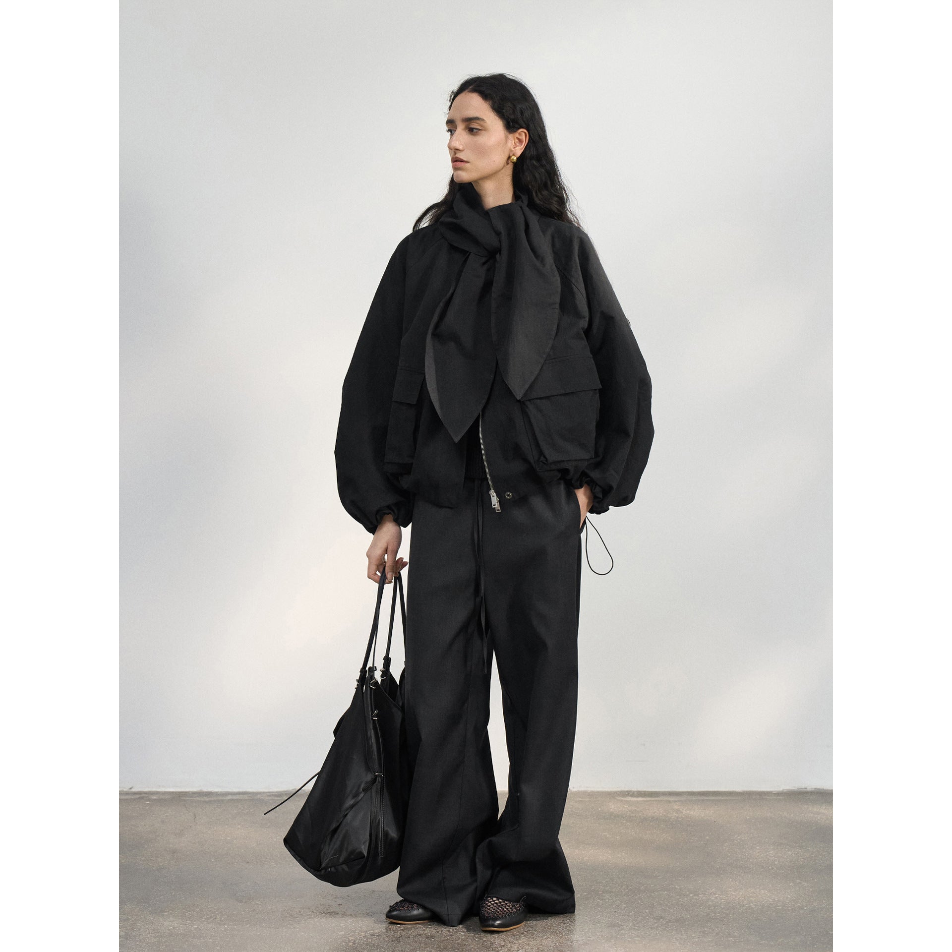 Spring new design sense removable lace-up crew neck jacket drawstring jacket