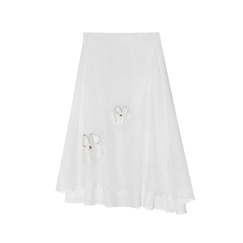 Age-reducing applique ramie double-layer high-waisted A-character medium and long skirt