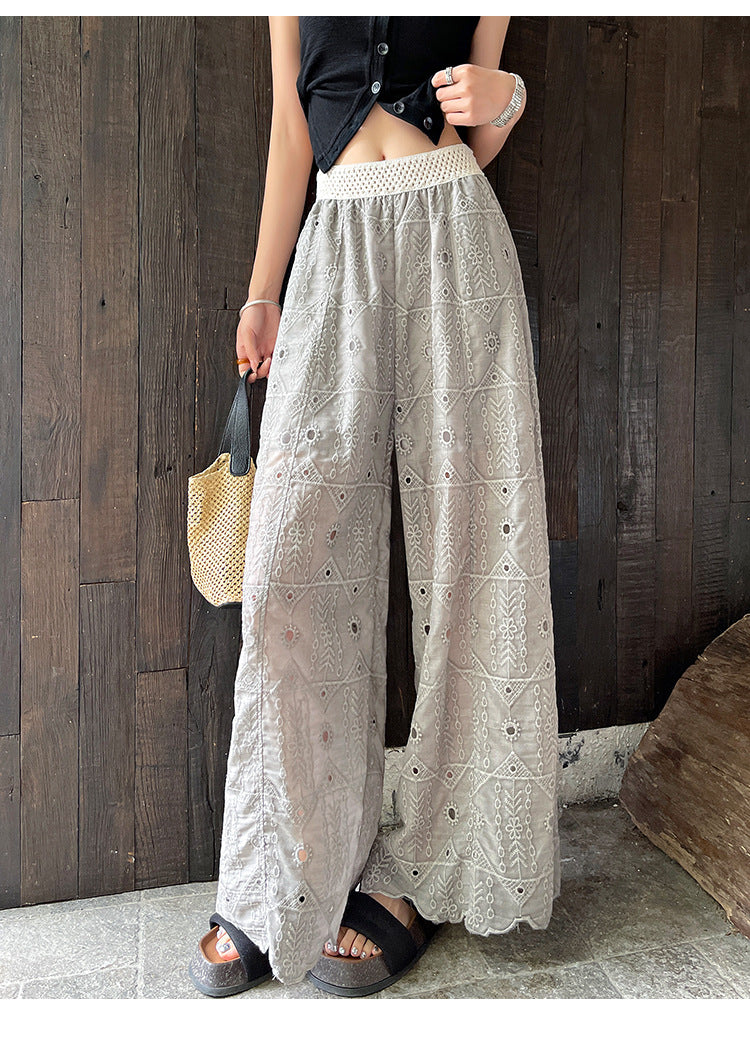 Thin heavy industry embroidered hook-cut hollow lace nine-point straight-leg pants