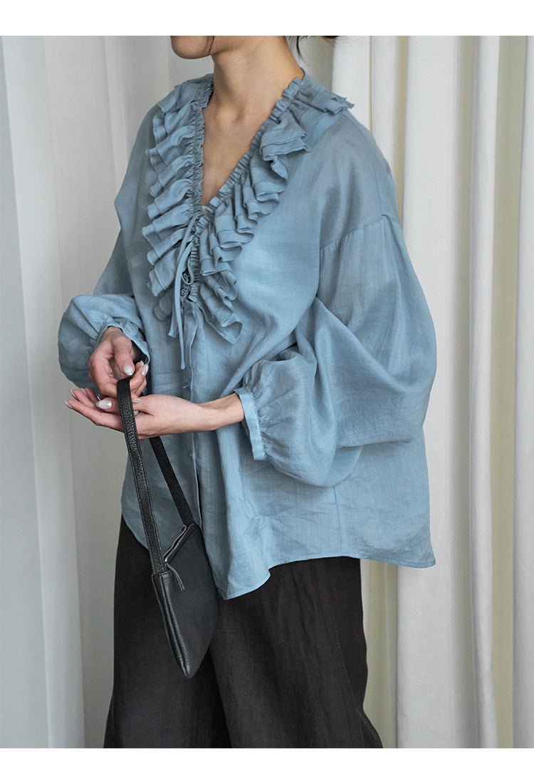 Deep V-neck handmade double-layer lotus leaf edge Tencel ramie shirt