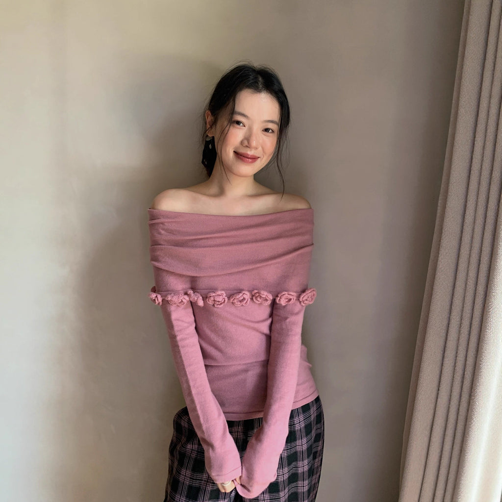 Gentle and sweet one-word collar three-dimensional flower decorative sweater for women