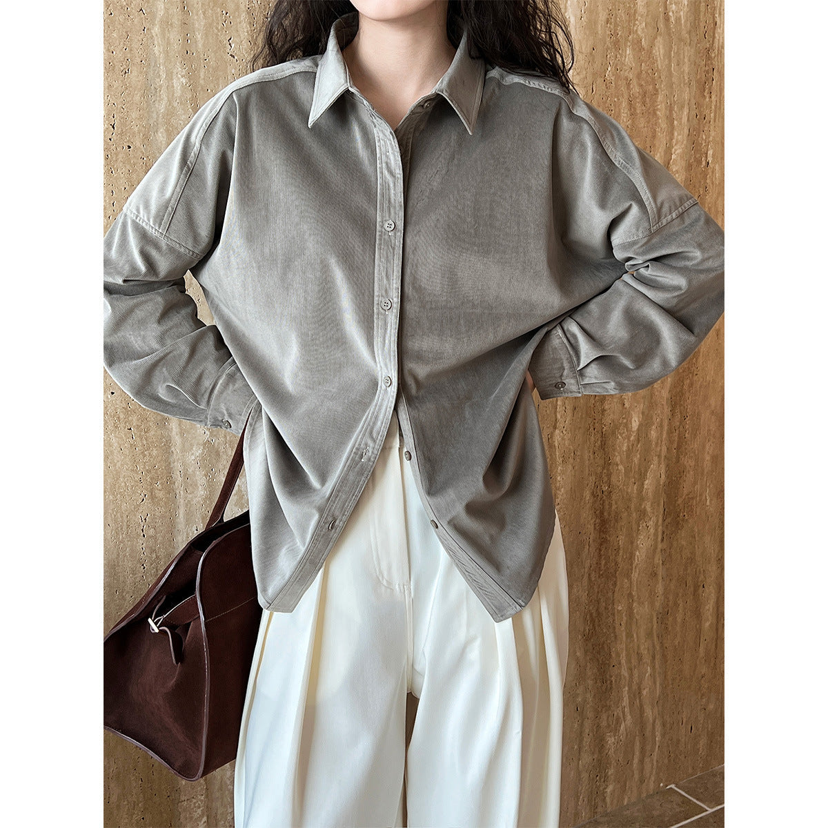 Japanese minimalist thickened brushed corduroy shirt for women