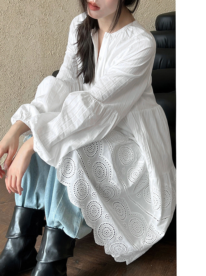 French holiday style lace-up dress spring and summer new lantern sleeves atmosphere thin long-sleeved skirt