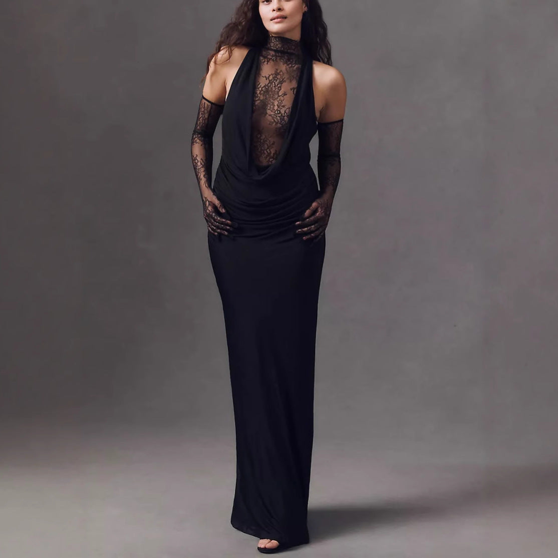 Women's new neck lace splicing dress sexy perspective Spice Girl hip skirt