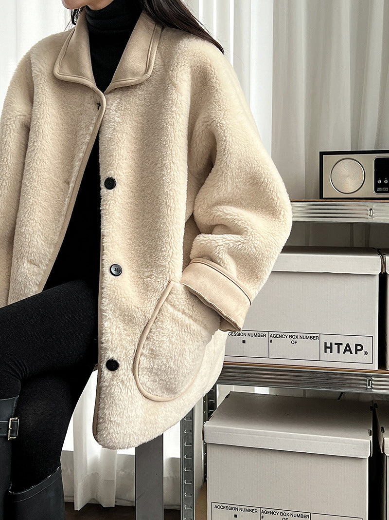 Autumn and winter high-end thickened fur integrated coat women's new lamb wool retro straight coat