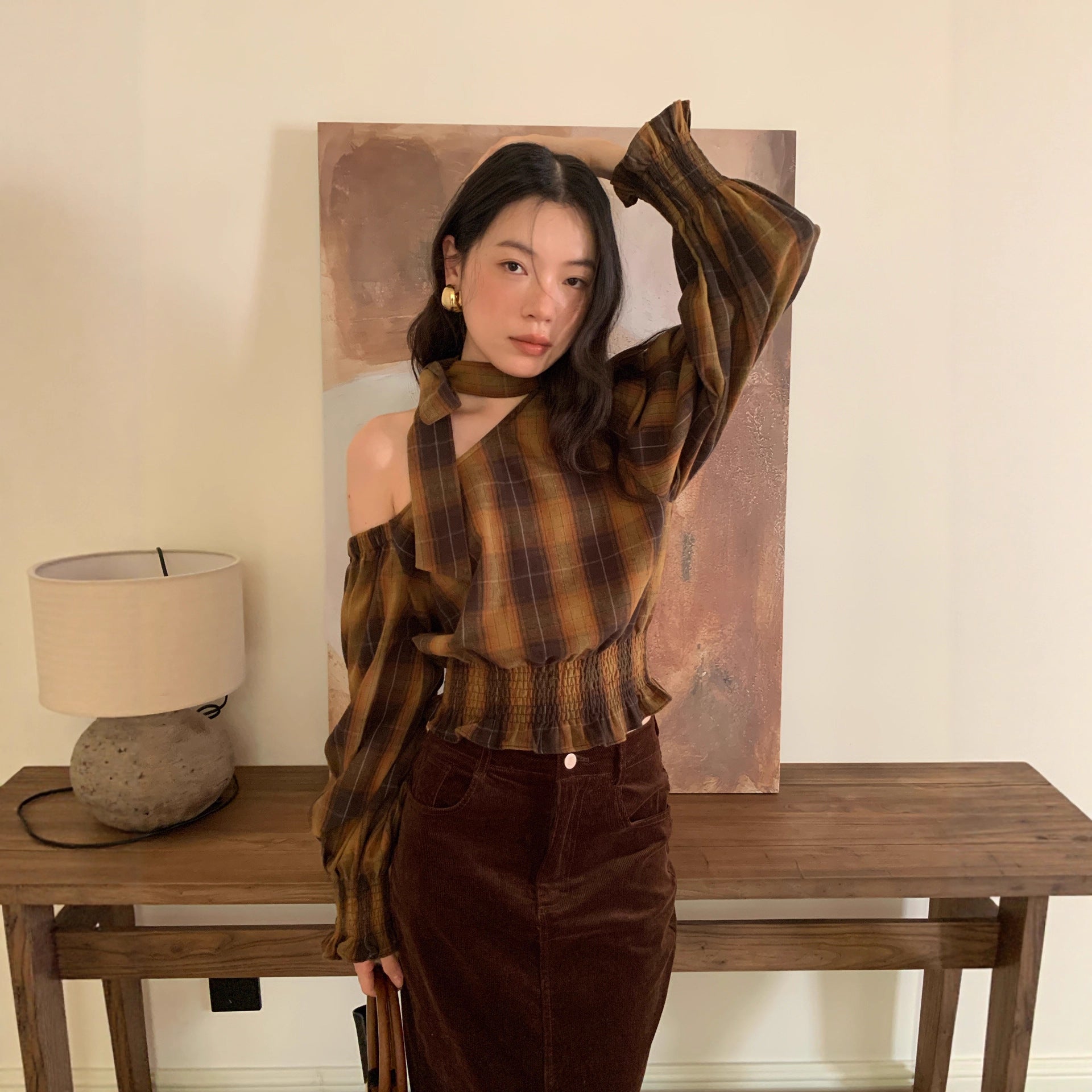 Women's Plaid Print Diagonal Collar Asymmetric Sleeve Waist-Defining Shirt