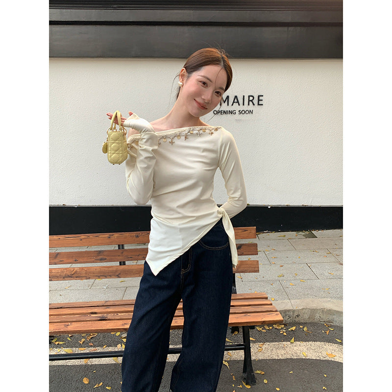 Spring French Pure Sweet and Spicy Design Slant Neck Off-Shoulder Top