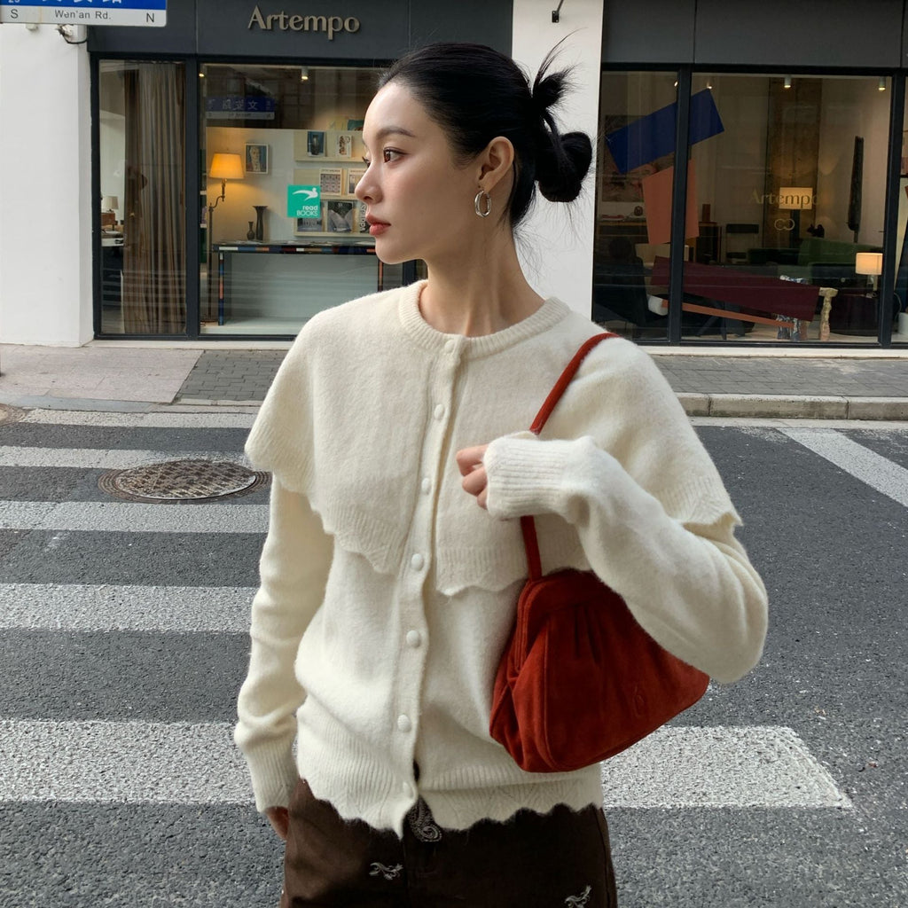 French Sweet Age Reduction Single-breasted Crew Neck Shawl Sweater Cardigan