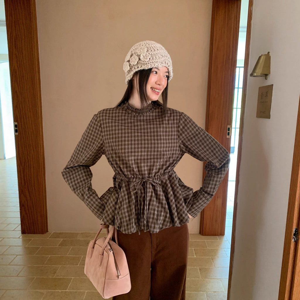 Autumn retro plaid waist design long-sleeved fungus edge stand-up collar shirt