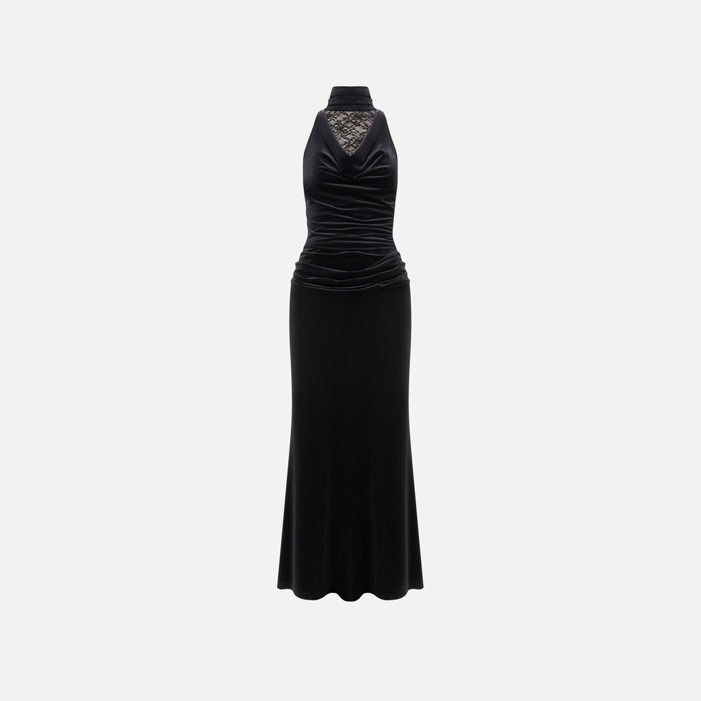 Pleated neck lace hip skirt splicing swing neck sexy dress