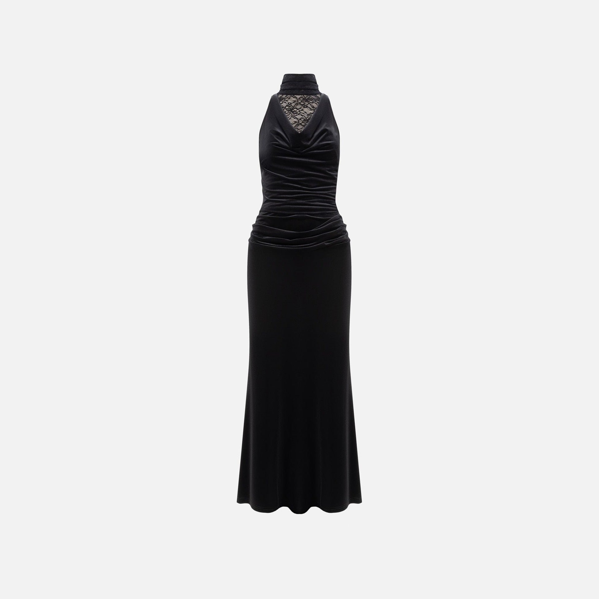 Pleated neck lace hip skirt splicing swing neck sexy dress