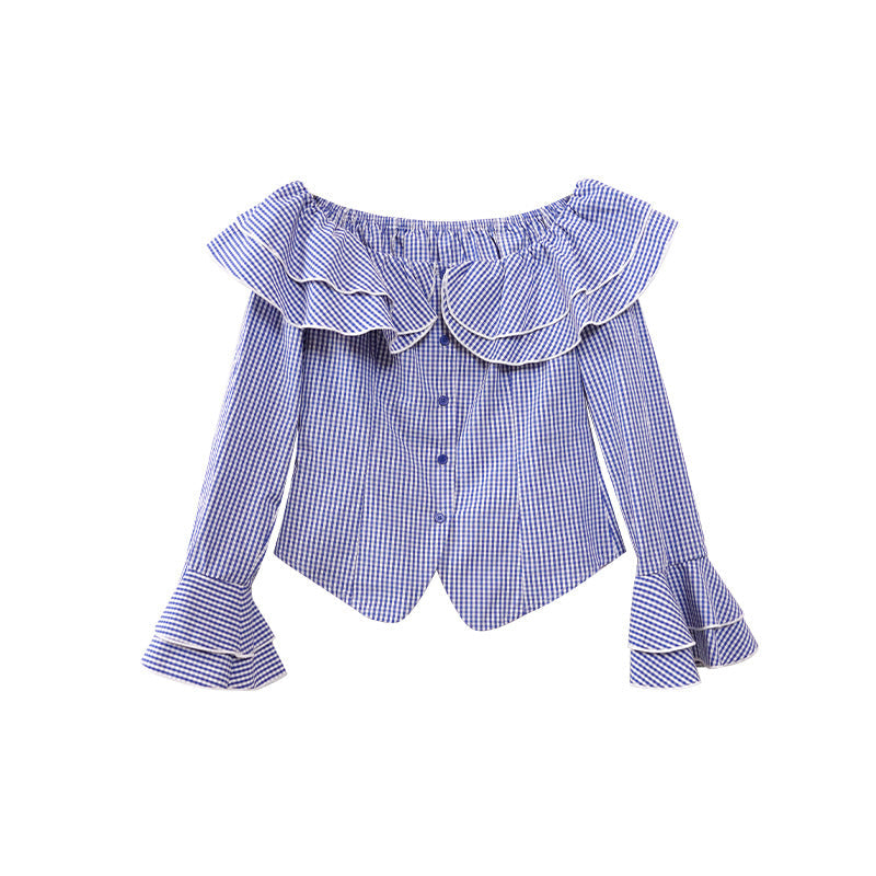 Skinny Plaid Lotus Leaf Shoulder Shirt