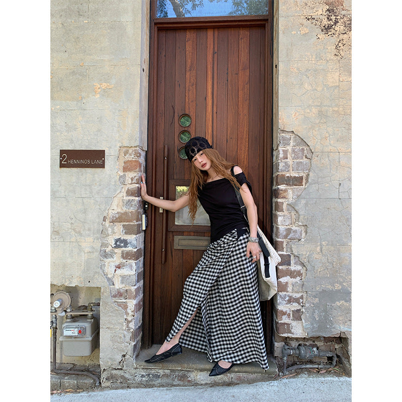 Chessboard plaid waist buckle design slim high waist skirt